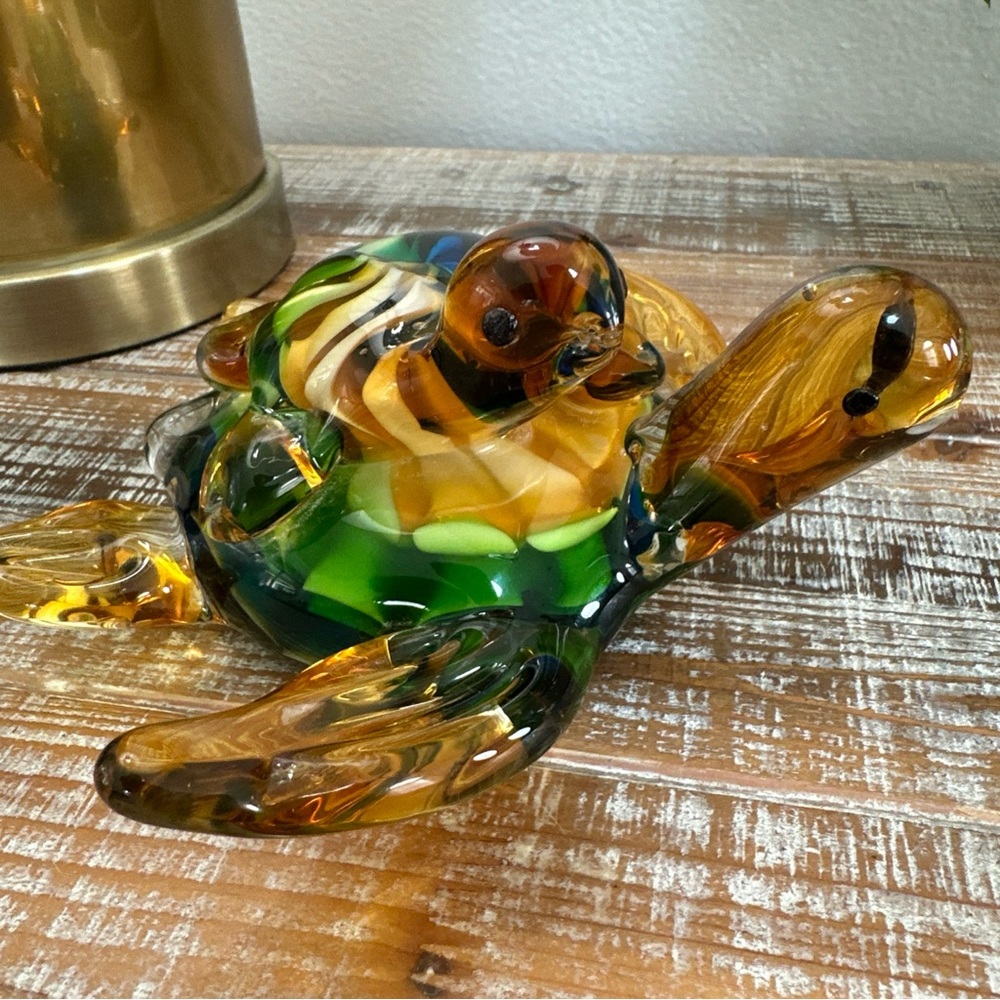 Murano Style Art Glass Fused Swirl Mom And Baby Sea Turtle Handblown Paperweight